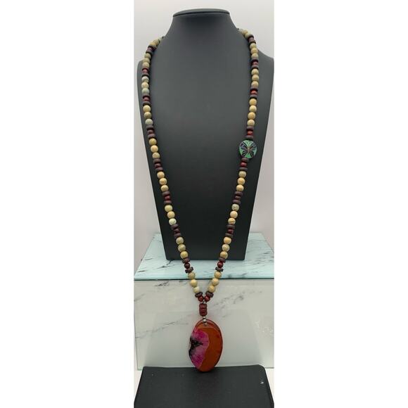 Gorgeous Stone & Wood Beaded Necklace W A Polished Pink & Amber Agate Pendant - Picture 2 of 6